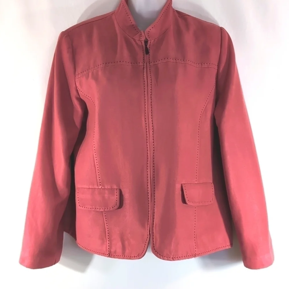 Alfred Dunner Pantsuit Faux Pink Suede Jacket Size 14P Matching Pants Size 12P